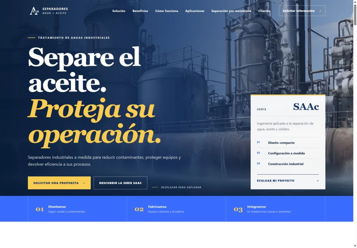 Portada de Separadores de agua y aceite y presentación de su oferta industrial.